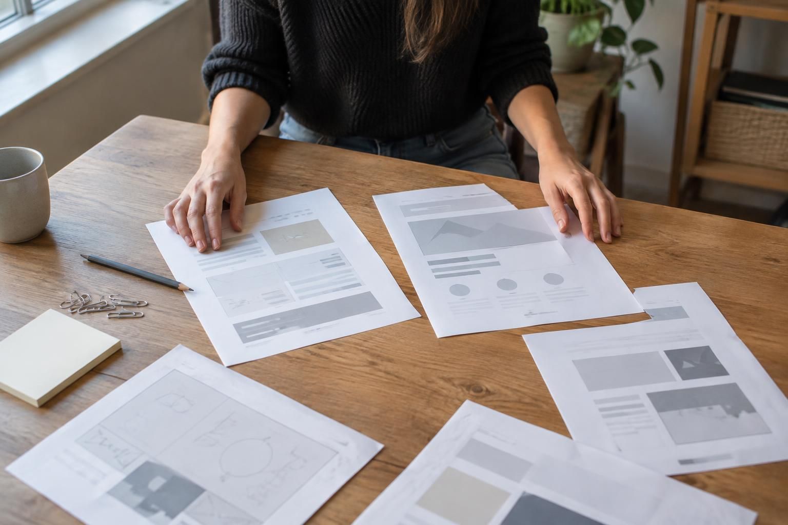 A designer compares printed service-page layouts on a wooden table in daylight.