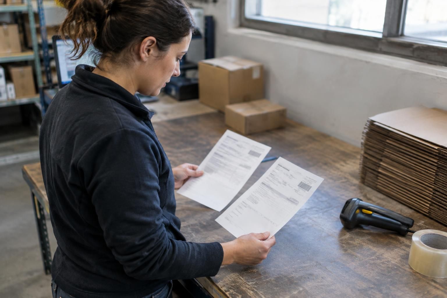 Warehouse coordinator comparing two paper shipment records beside a packing station.