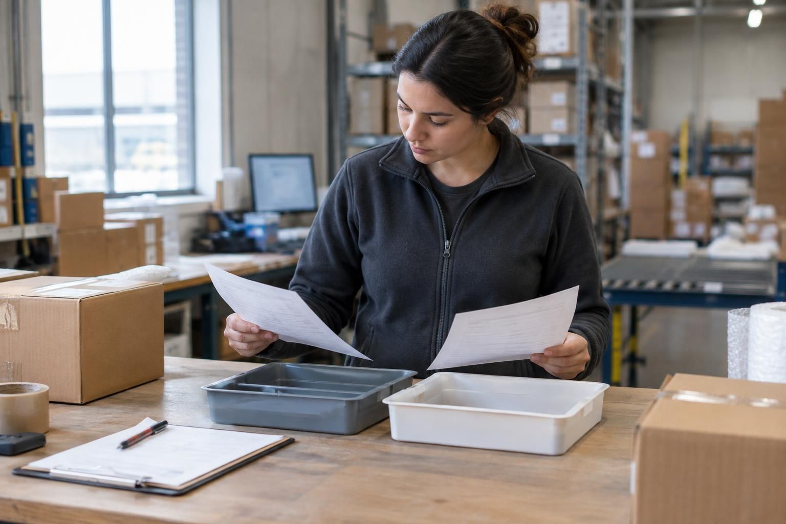 Warehouse coordinator comparing two paper shipment records beside a packing station.