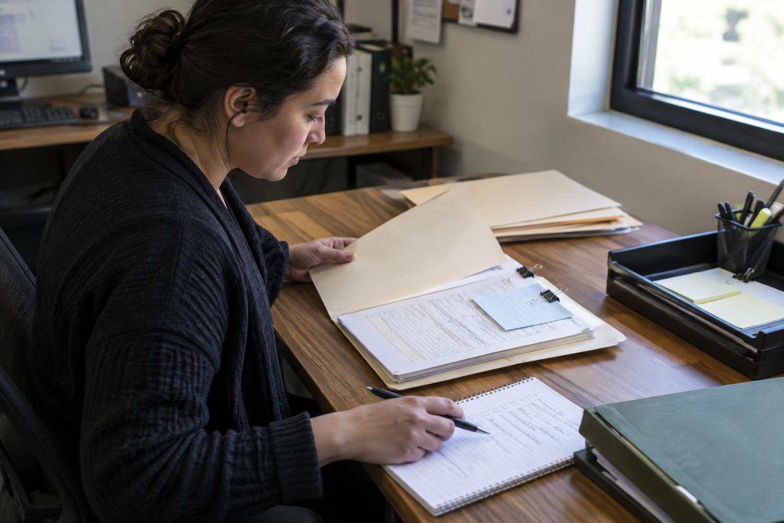 An operations coordinator reviewing work folders and a handwritten task checklist at a modest desk.