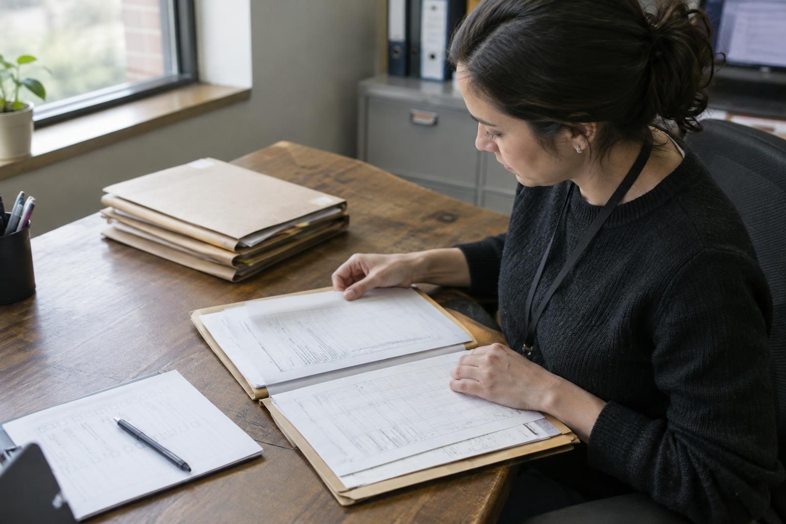 An operations coordinator reviews marked work folders and a paper task checklist at a modest office desk.